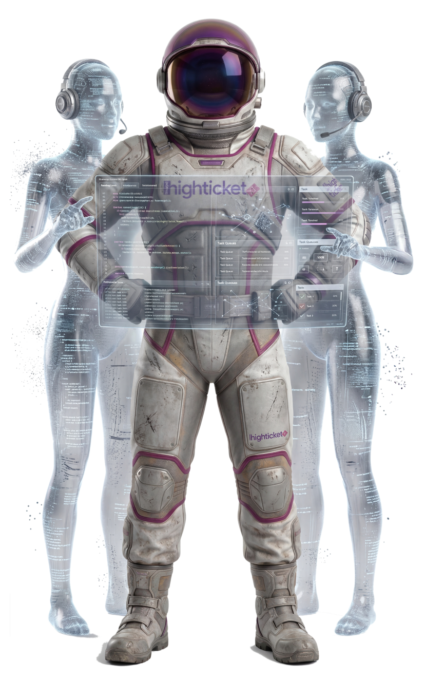 Astronauta highticket junto a agentes de inteligencia artificial conversacionales de voz